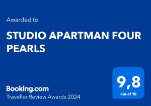 Certifikát, hodnocení, plakát nebo jiný dokument vystavený v ubytování STUDIO APARTMAN FOUR PEARLS