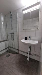 a bathroom with a sink and a mirror and a shower at Mysigt Stadsoas: En Modern lägenhet med 2 sovrum in Gothenburg