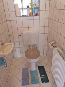 a small bathroom with a toilet and a sink at Ferienwohnung Haus Waldesrand in Norderney