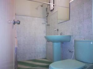 a bathroom with a blue toilet and a sink at Victory Inn Monaragala in Monaragala