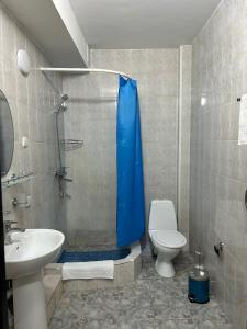 a bathroom with a shower and a toilet and a sink at Skif Hotel in Astana