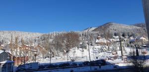 een met sneeuw bedekt dorp met huizen en een berg bij Azuga Apartament Super View & Ski in Azuga