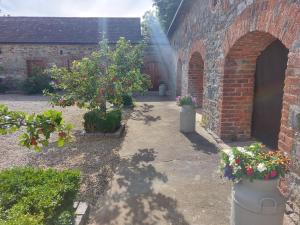 a brick building with two potted trees in a courtyard at Bellfry at Old Boley in Wexford