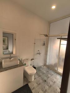 a bathroom with a toilet and a sink and a shower at Aqua Beach Resort Ashwem in Mandrem