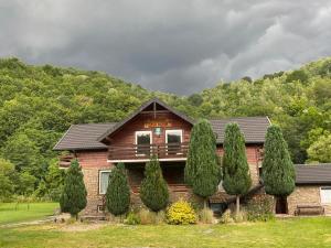 a wooden house with trees in front of it at Casa Morar in Valea Drăganului