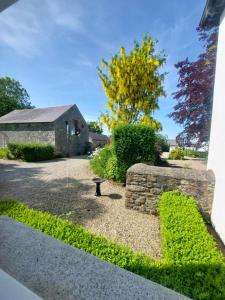 a yard with a stone wall and a tree at Bellfry at Old Boley in Wexford