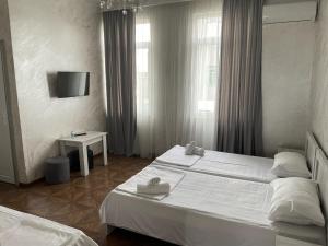 巴統的住宿－Emilia，酒店客房设有两张床和窗户。