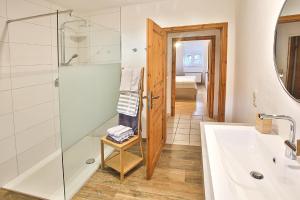 W łazience znajduje się prysznic i umywalka. w obiekcie Ökonomiehof w mieście Lichtenfels