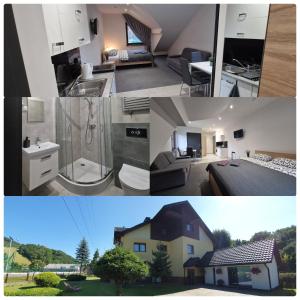 a collage of photos of a bathroom and a house at Willa Lawenda in Rytro