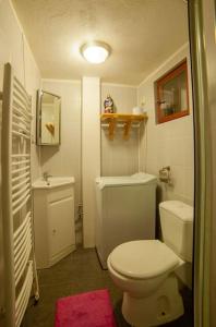 a bathroom with a white toilet and a sink at Enchanted Forest Chalet in Tatranska Strba