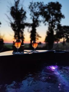 two wine glasses sitting on a table next to a pool at Lianko - Vakantiewoning in Bekkevoort