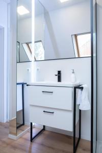La salle de bains est pourvue d'un lavabo blanc et d'un miroir. dans l'établissement Hamburg Apartment für bis zu 4 Personen, à Hambourg