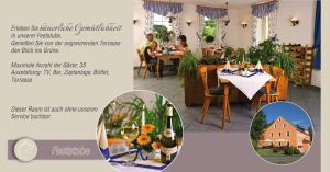 een flyer voor een restaurant met foto's van een tafel met wijnflessen bij Wolfsgrunder Festhof in Dorfchemnitz