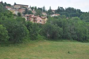 a town on a hill with a field and trees at Agriturismo Petrarosa in Neviano degli Arduini