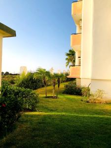 a grassy yard next to a building with palm trees at NOUVEAU, Residence Cap Spartel avec une vue sur mer in Tangier