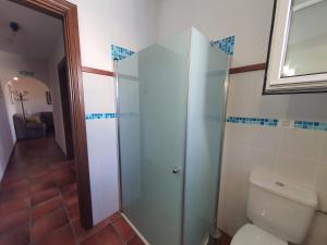 エル・パソにあるCasa Bayonのバスルーム(トイレ、ガラス張りのシャワー付)