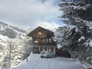 a house with a car parked in the snow at Apartment Shalom by Interhome in Adelboden