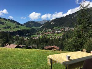 a table on a hill with a view of a valley at Apartment Shalom by Interhome in Adelboden