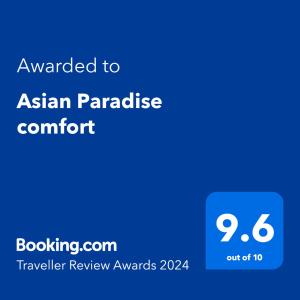 Certifikat, nagrada, logo ili neki drugi dokument izložen u objektu Asian Paradise comfort
