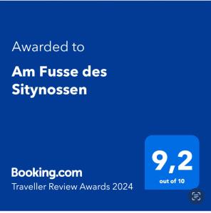 Certifikat, nagrada, logo ili neki drugi dokument izložen u objektu Am Fusse des Sitynossen