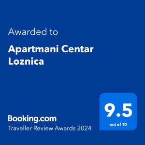 Un certificat, premiu, logo sau alt document afișat la Apartmani Centar Loznica