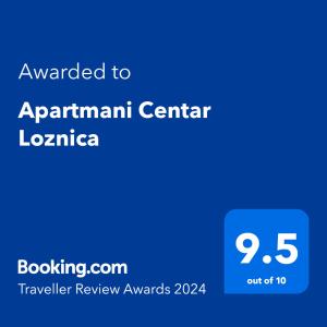 Certifikát, hodnocení, plakát nebo jiný dokument vystavený v ubytování Apartmani Centar Loznica