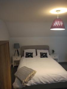 ein Schlafzimmer mit einem Bett mit zwei Kissen darauf in der Unterkunft The Eaves, Glastonbury High Street in Glastonbury