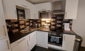 uma pequena cozinha com armários brancos e um lavatório em Cader Mountain View Cottage with Hot Tub in Snowdonia em Dolgellau