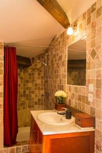ein Badezimmer mit einem Waschbecken und einem roten Duschvorhang in der Unterkunft Maison tout confort, climatisée, dans le Centre Historique avec parking privé. in Saint-Rémy-de-Provence