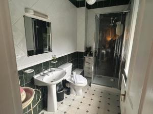 uma casa de banho com um lavatório, um WC e um chuveiro em The Postgate Inn em Egton