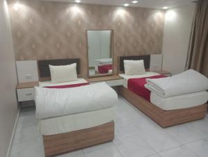 een slaapkamer met twee bedden en een spiegel bij لاصحاب التميز شقة راقية في المهندسين بالقرب من جامعة الدول والنيل in Caïro