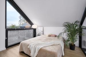 sypialnia z łóżkiem i dużym oknem w obiekcie KASZUBSKIE LOFTY Sominy w mieście Sominy