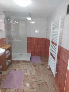 y baño con bañera y ducha con azulejos rojos. en Burg nad Banskou Štiavnicou, en Štiavnické Bane