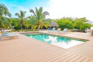 a swimming pool with blue chairs and palm trees at U-GO Espectacular Casa en Barú con Vistas al Mar in Cartagena de Indias +31 photos