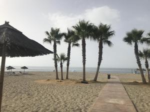 a beach with palm trees and a wooden pathway at 59 Beautiful Mijas Playa Club in La Cala de Mijas