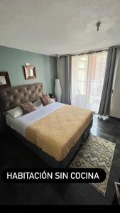 een slaapkamer met een groot bed en een groot raam bij santa victoria room in Santiago