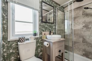 a bathroom with a toilet and a sink and a mirror at Lodge No 9 - St Andrews Lodge Park in Strathkinness +26 photos
