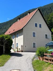 een groot huis met een rood dak bij Haus im Hochtal in Bad Bleiberg