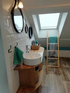 een badkamer met een wastafel en een dakraam bij Studio au coeur de la vallée de la Loire in Azay-sur-Cher