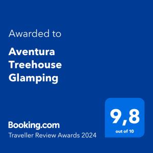 Majutusasutuses Aventura Treehouse Glamping olev sertifikaat, autasu, silt või muu dokument