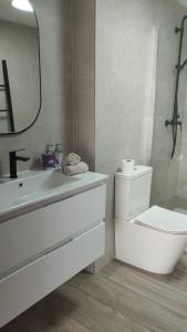 ein Badezimmer mit einem Waschbecken, einem WC und einem Spiegel in der Unterkunft ESTUDIO d'PACO in Callosa d'en Sarrià