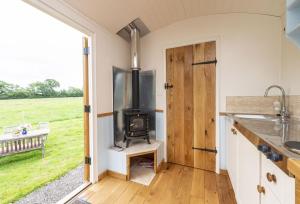 a kitchen with a stove in a tiny house at Blossom in Sherborne