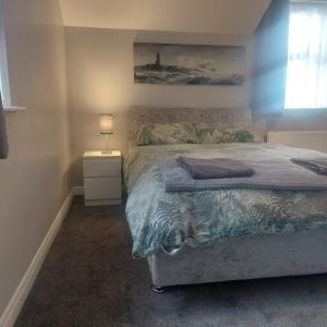 1 dormitorio con cama, lámpara y ventana en Edenderry Town House, en Belfast