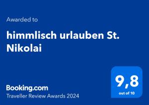 Certifikát, hodnocení, plakát nebo jiný dokument vystavený v ubytování himmlisch urlauben St. Nikolai