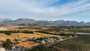 an aerial view of a vineyard with mountains in the background at Mooi Uitsig Lodge in Paarl