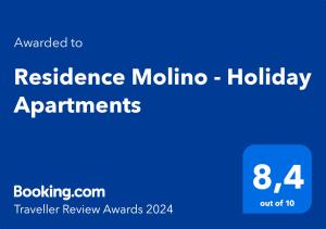 um rectângulo azul com as palavras resilience moline holiday and the number em Residence Molino - Holiday Apartments em Manerba del Garda