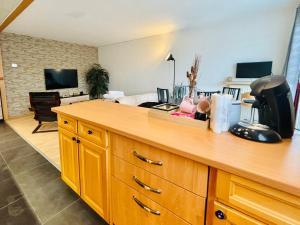 a kitchen with a counter top and a living room at Beautiful Apartment Disneyland in Saint-Thibault-des-Vignes