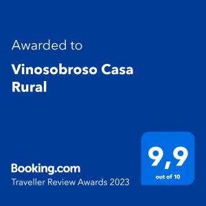 Ett certifikat, pris eller annat dokument som visas upp på Vinosobroso Casa Rural