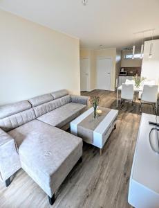 sala de estar con sofá y mesa en Apartament Leomar, bezkontaktowe zameldowanie, darmowy parking, en Poznan