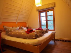 a bed in a room with a window at Der Fuchsbau in Meesiger